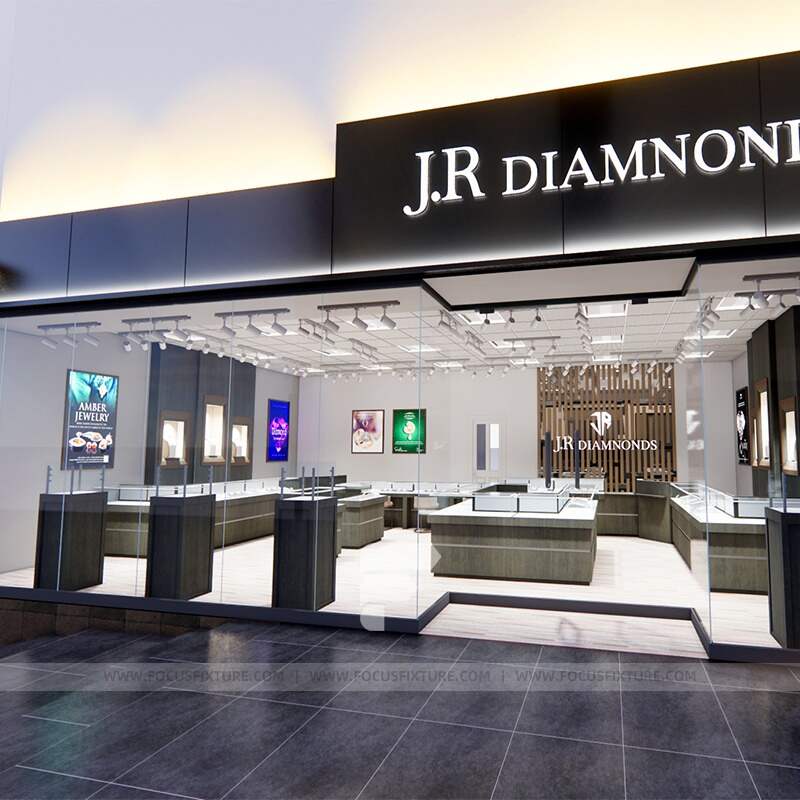 jewelry furniture; glass showcase; glass display case; customizable design; minimalist style; black display; retail fixtures