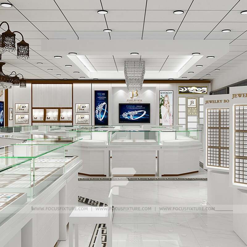 jewelry showcase; glass display cases; lockable showcase; customizable design; white glass cabinet; retail display solutions; elegant display