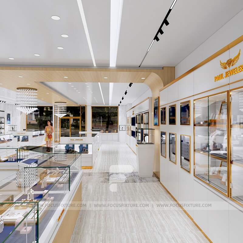 jewelry showcases; glass display cases; customizable design; white display case; gold frame showcase; retail presentation; elegant jewelry display