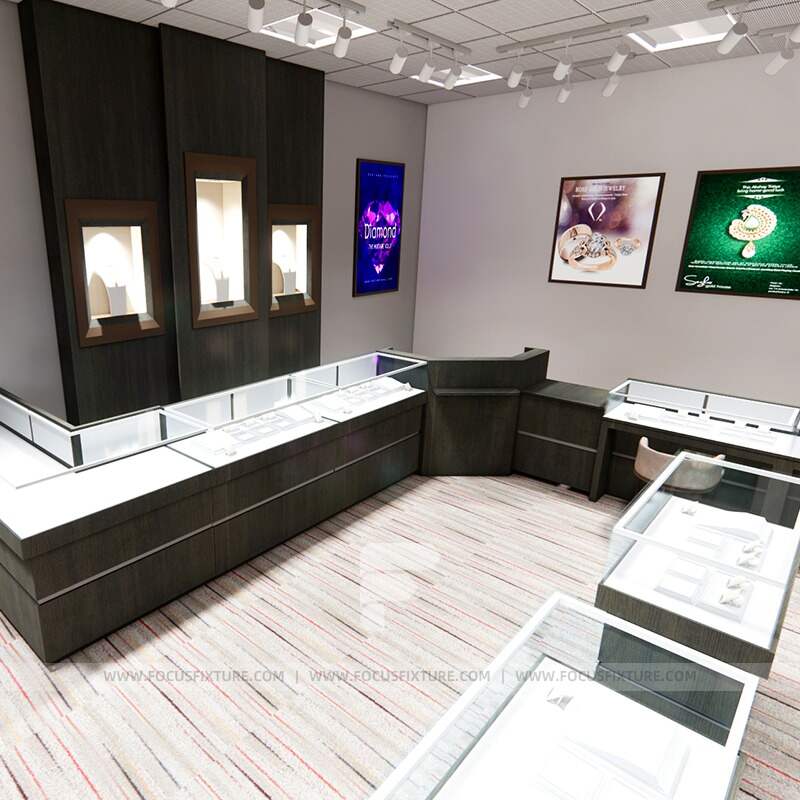 jewelry furniture; glass showcase; glass display case; customizable design; minimalist style; black display; retail fixtures