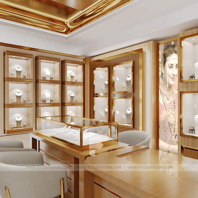 professional jewelry display cases; glass showcase; customizable display; deep wood cabinet; retail display solutions; elegant jewelry presentation; shop fittings