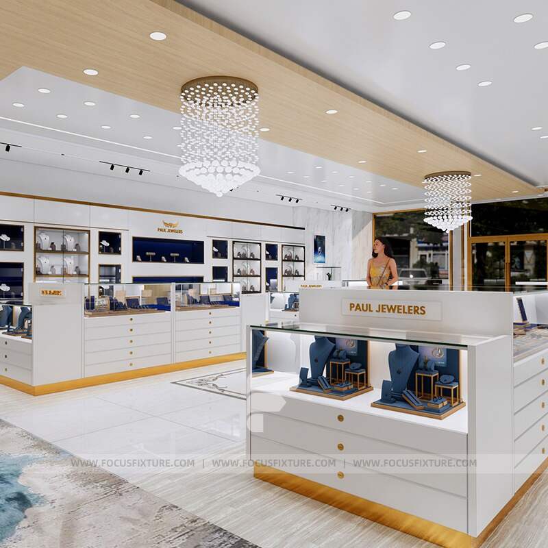 jewelry showcases; glass display cases; customizable design; white display case; gold frame showcase; retail presentation; elegant jewelry display