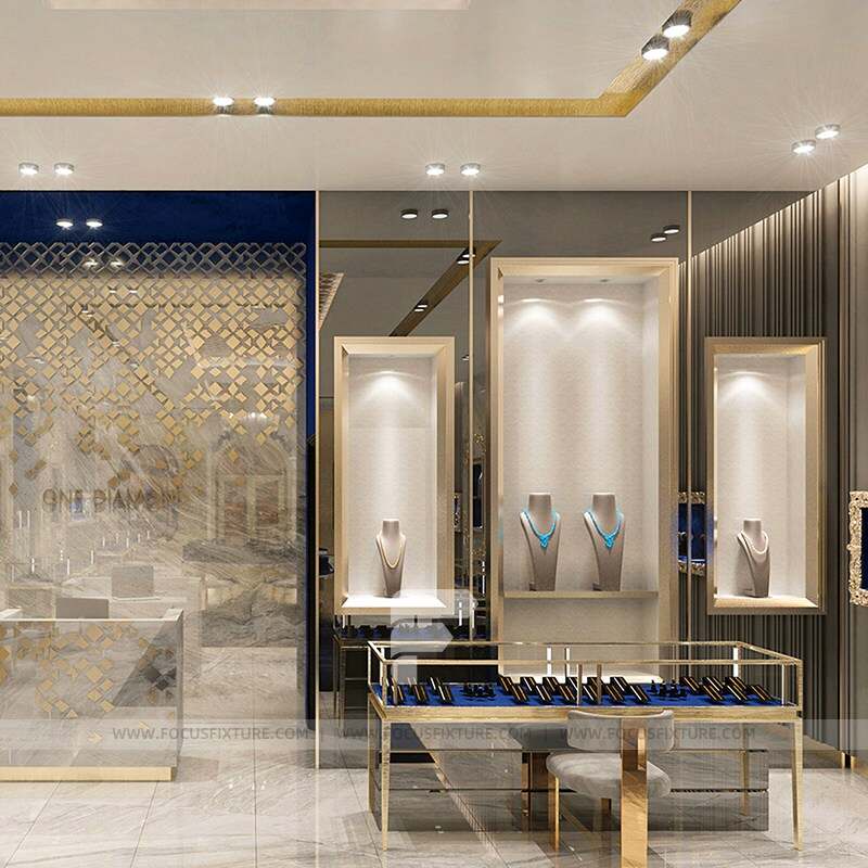 glass jewelry display cases; customizable retail cabinets; stainless steel showcase; luxury jewelry displays; navy blue display case; modern retail solutions; high-end jewelry presentation