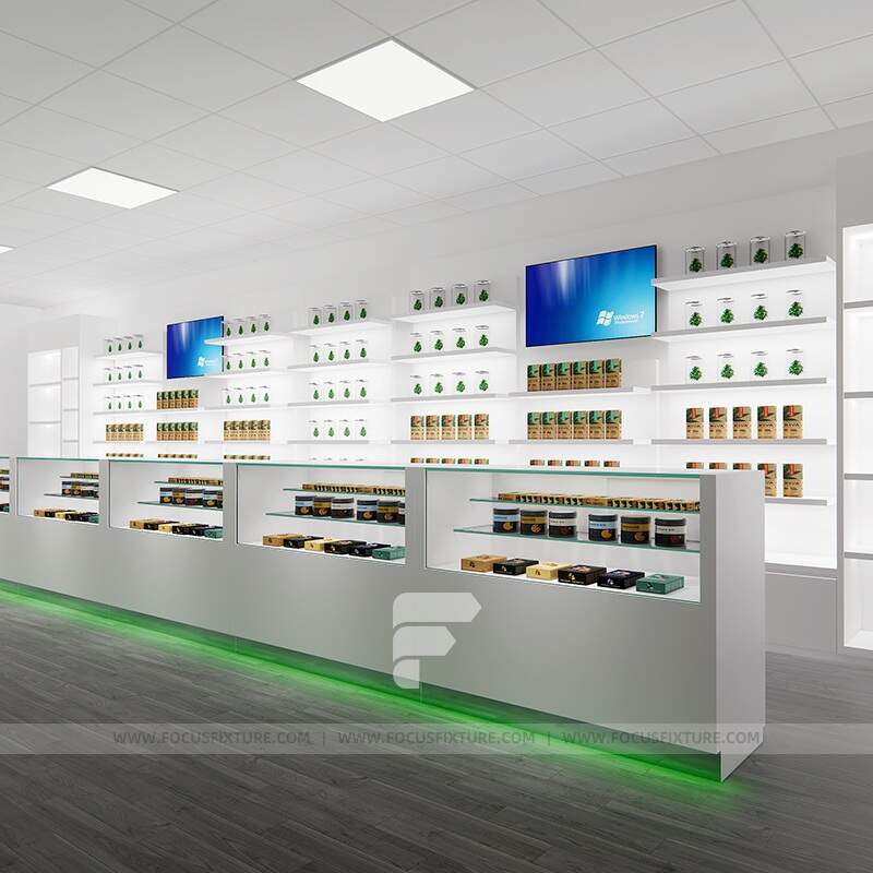 dispensary display cases; glass display cabinet; cigarette display rack; modern showcase; white display cabinet; LED lighting display; retail display solutions