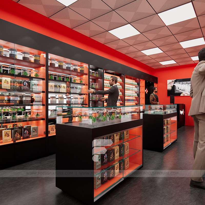 cigarette shelf; glass showcases; vape display; customizable design; red and black display; wooden cabinets; retail display solutions; modern display furniture