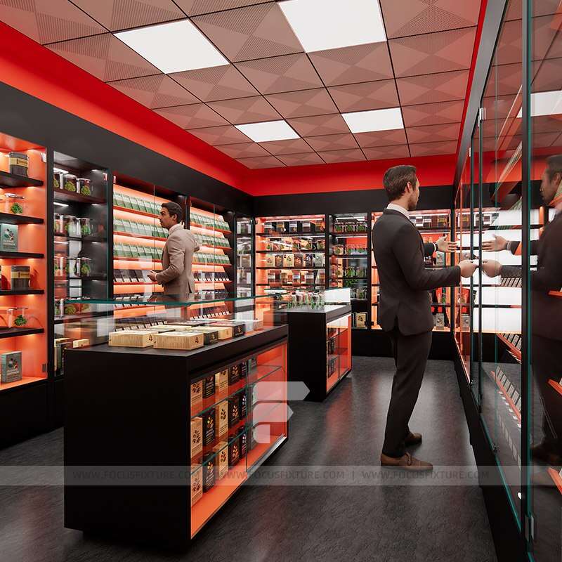 cigarette shelf; glass showcases; vape display; customizable design; red and black display; wooden cabinets; retail display solutions; modern display furniture