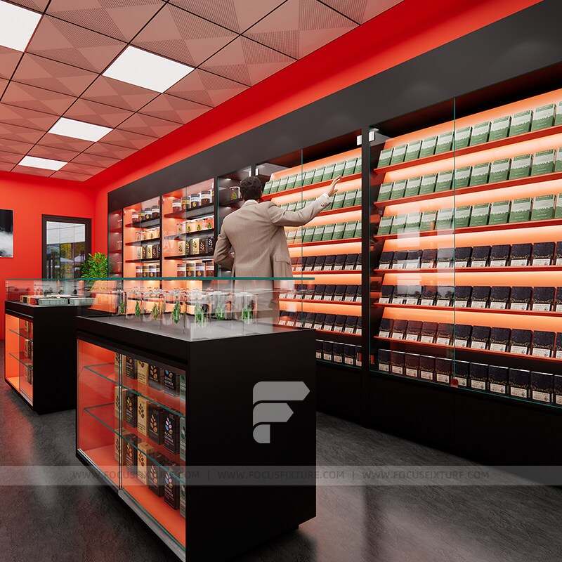 cigarette shelf; glass showcases; vape display; customizable design; red and black display; wooden cabinets; retail display solutions; modern display furniture