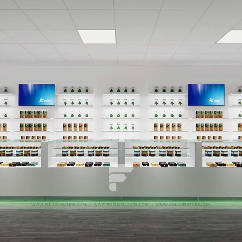 dispensary display cases; glass display cabinet; cigarette display rack; modern showcase; white display cabinet; LED lighting display; retail display solutions