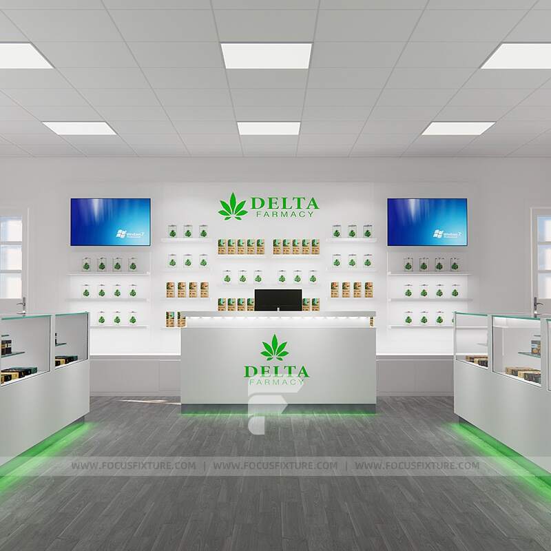 dispensary display cases; glass display cabinet; cigarette display rack; modern showcase; white display cabinet; LED lighting display; retail display solutions