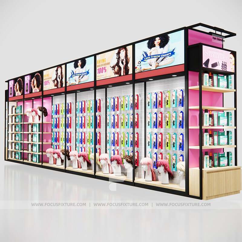 beauty display stands; retail store hair extension displays; customizable pink shelves; supermarket display ideas; advertising billboard stands; effective merchandising; tailored shop design; stylish retail solutions; eye-catching product showcases