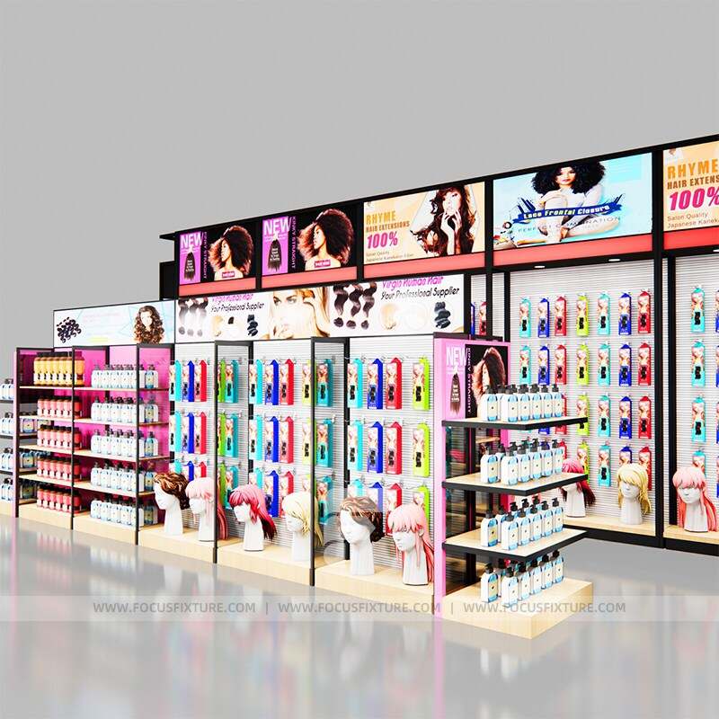 beauty display stands; retail store hair extension displays; customizable pink shelves; supermarket display ideas; advertising billboard stands; effective merchandising; tailored shop design; stylish retail solutions; eye-catching product showcases