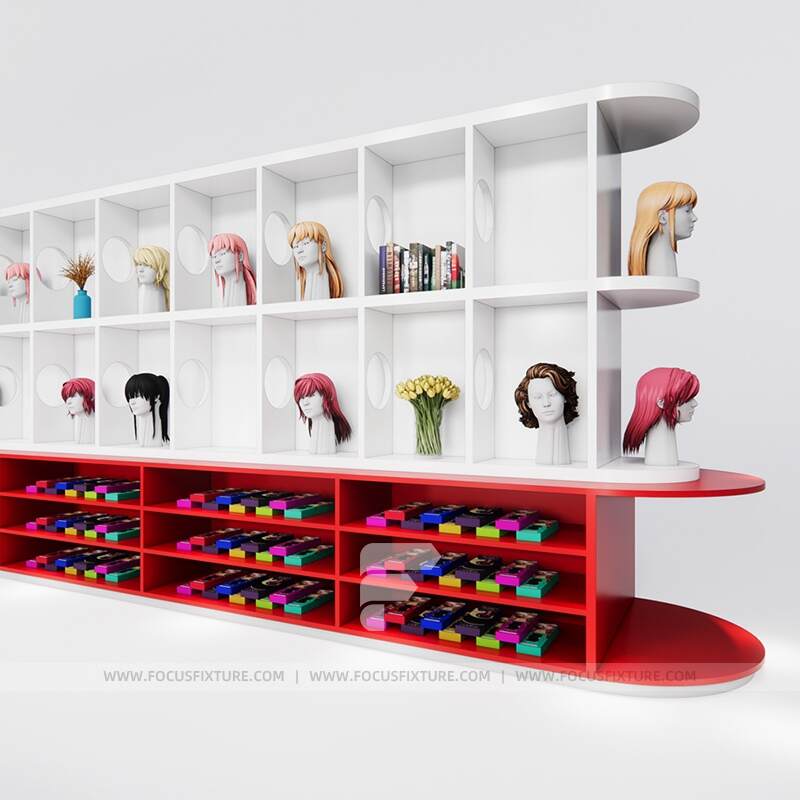 display counter; retail store furniture; cosmetic shop displays; wig shelf design; customizable gondola styles; minimalist display solutions; white and wood color scheme; tailored retail counters; effective visual merchandising