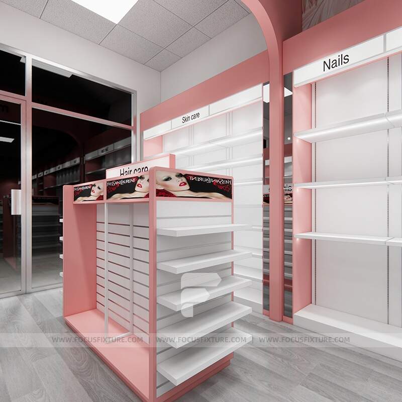 black beauty supply store fixtures; gondola retail displays; customizable store design; minimalist retail furnishings; elegant fixture solutions; beauty retail store concepts; modern display ideas; versatile gondola designs
