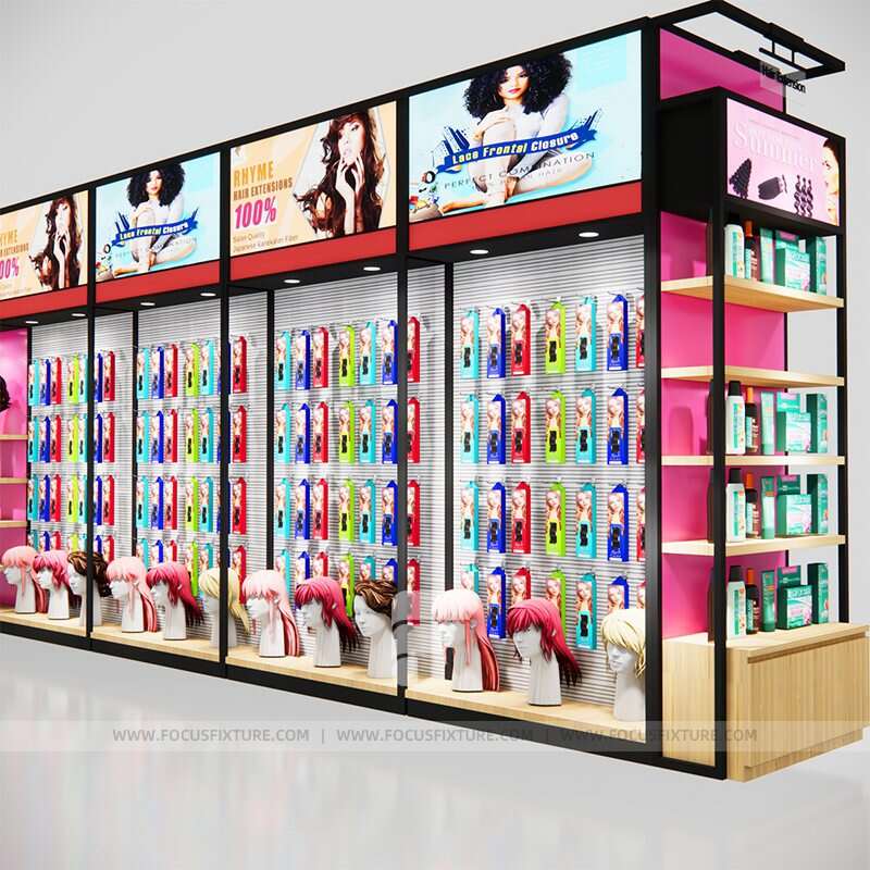 beauty display stands; retail store hair extension displays; customizable pink shelves; supermarket display ideas; advertising billboard stands; effective merchandising; tailored shop design; stylish retail solutions; eye-catching product showcases