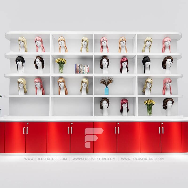 display counter; retail store furniture; cosmetic shop displays; wig shelf design; customizable gondola styles; minimalist display solutions; white and wood color scheme; tailored retail counters; effective visual merchandising