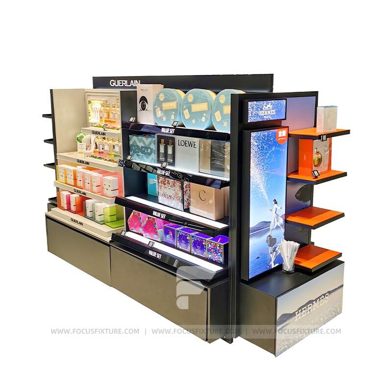 perfume stand; fragrance display; retail display solutions; customizable supermarket shelves; lightbox advertising; premium product merchandising; visual marketing; tailored retail fixtures