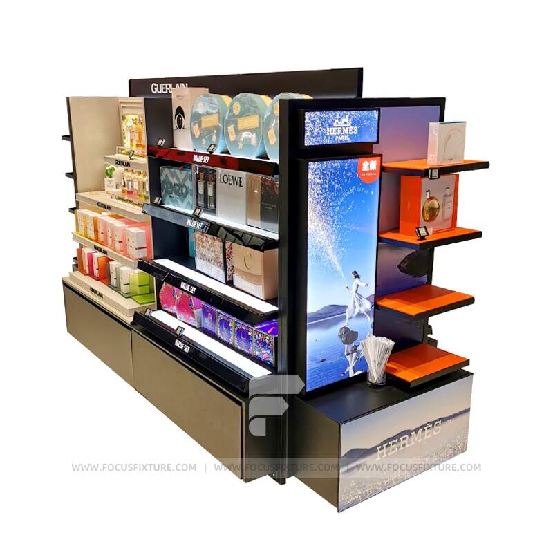 perfume stand; fragrance display; retail display solutions; customizable supermarket shelves; lightbox advertising; premium product merchandising; visual marketing; tailored retail fixtures