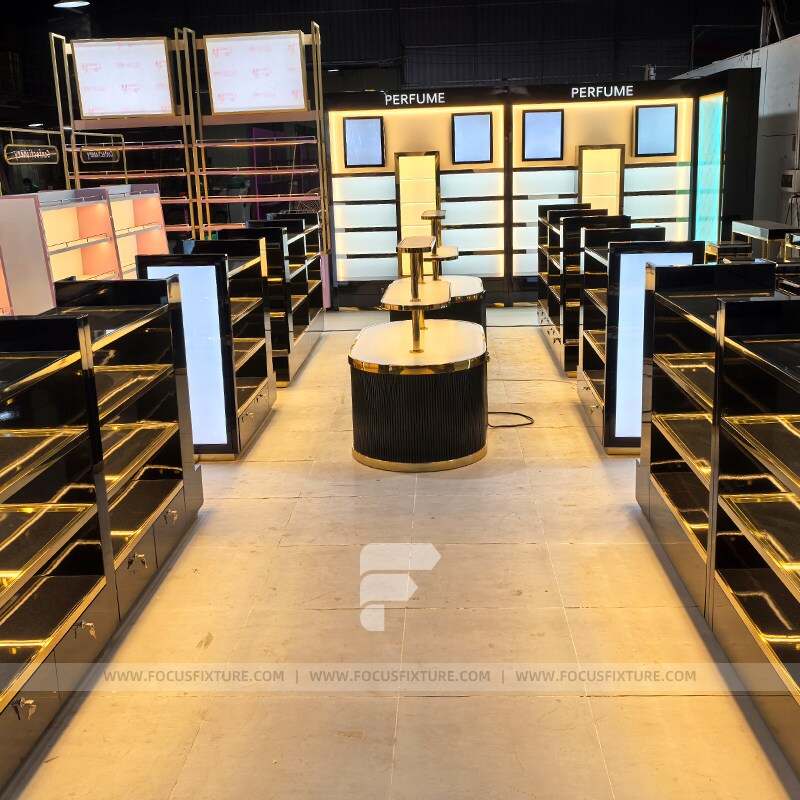 perfume display; fragrance display cases; retail displays; customizable gondola style; black display fixtures; premium retail solutions; elegant product presentation; store design; bespoke exhibition shelving