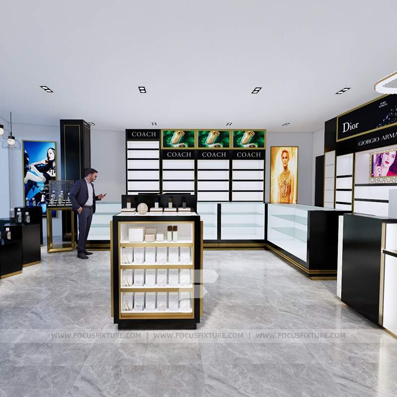 fragrance storage ideas; perfume stands; retail display shelves; customizable display solutions; black and white displays; minimalist design; practical storage solutions; modern retail fixtures; bespoke store design