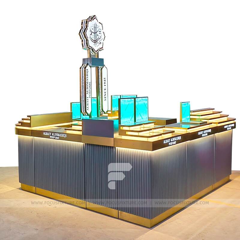 fragrance display stand; retail display cases; perfume display cabinet; customizable glass kiosks; gray display furniture; elegant retail solutions; modern perfume showcases; bespoke store design; functional retail fixtures