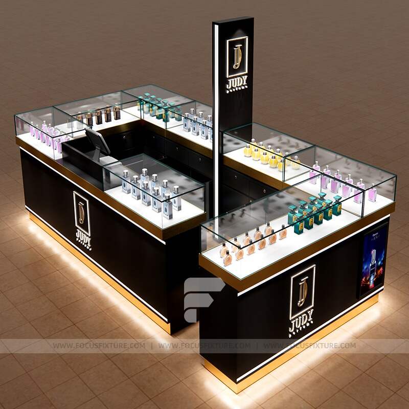 fragrance display ideas; retail shop fixtures; perfume storage solutions; customizable glass cabinets; black display kiosks; elegant retail design; functional perfume showcases; modern retail displays; bespoke store fixtures