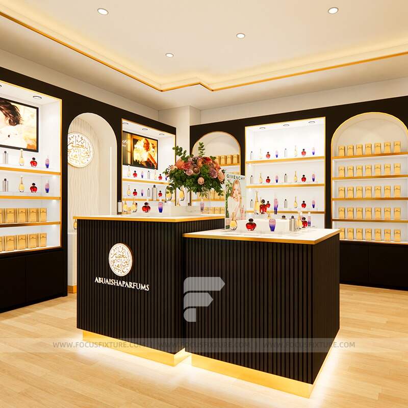 display perfume caddy; retail store display; customizable design; black and white display; minimalist elegance; fragrance showcase; integrated lighting; modern retail solutions; stylish product display; bespoke store fixtures