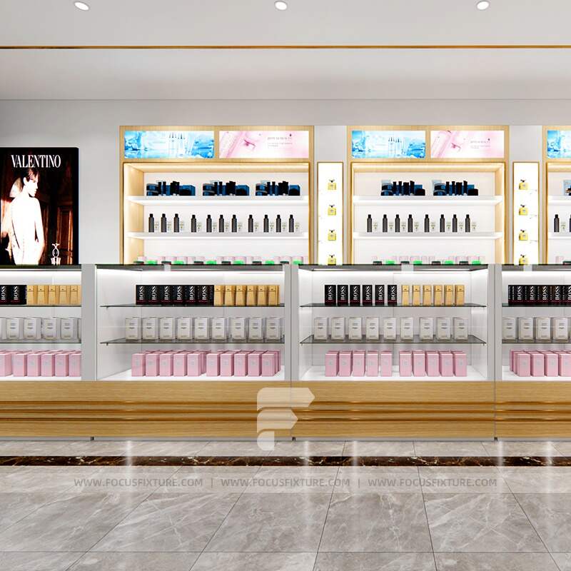 perfume stand ideas; shelf gondola rack; customizable display case; white and wood finish; minimalist retail design; glass display cabinet; retail showcase solutions; modern merchandising; store display furniture; elegant perfume display