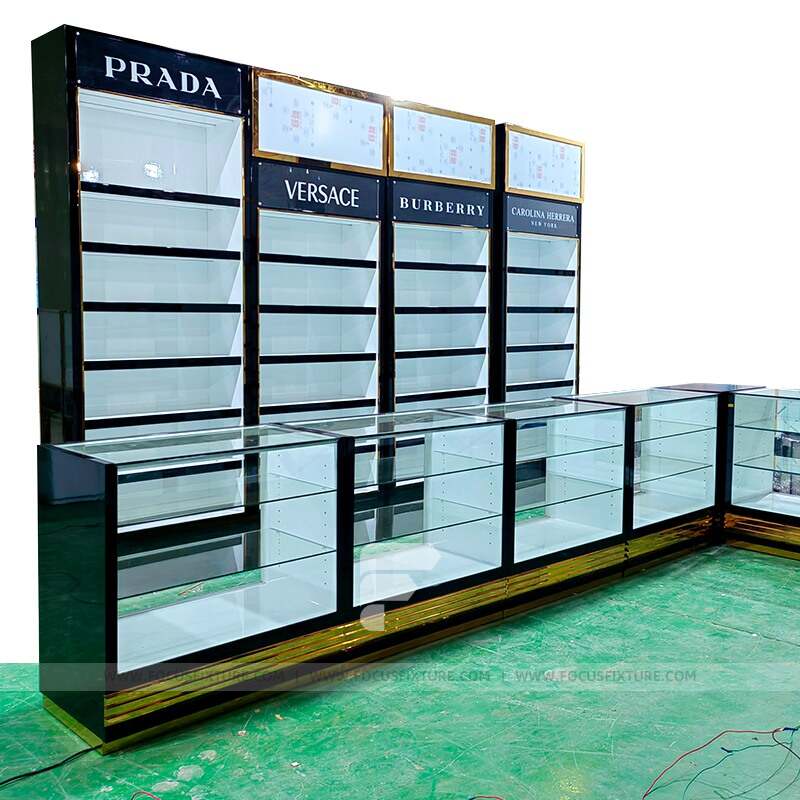 slatwall gondola displays; perfume retail fixtures; customizable display solutions; black retail display; minimalist design; glass showcase; store merchandising; modern perfume displays; retail store furniture; elegant product presentation