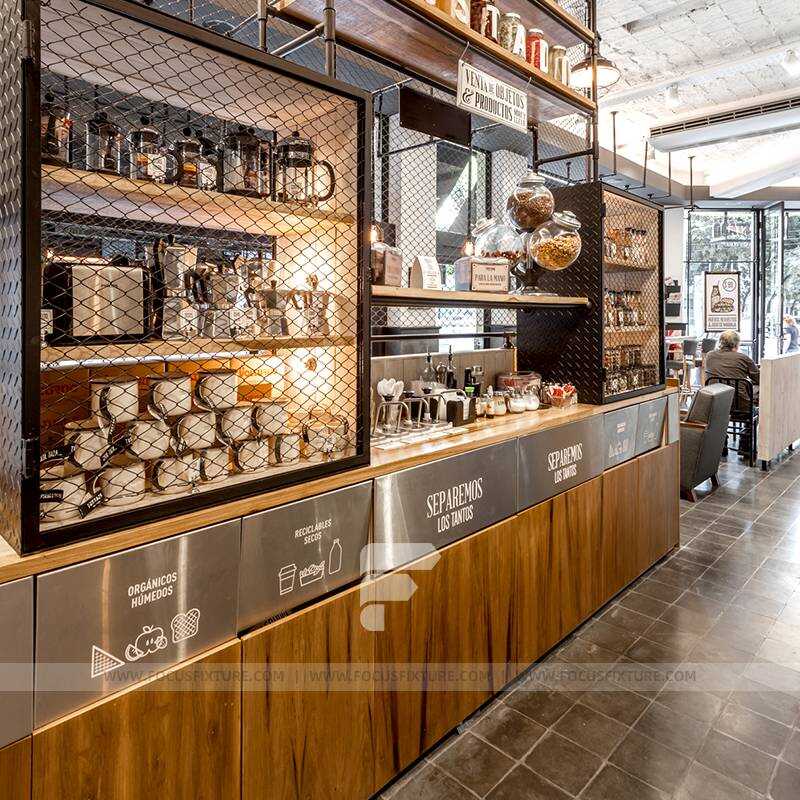 coffee café design; retail counter fixtures; custom wooden counters; vintage café furniture; rustic retail displays; café ambiance design; custom counter solutions; retail store fixtures