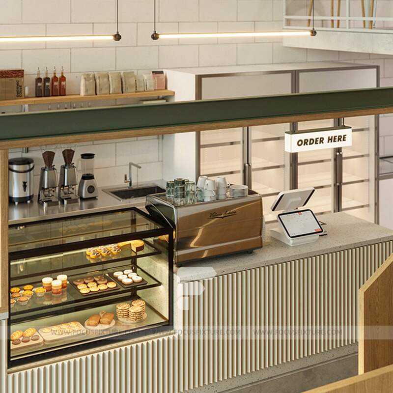 custom coffee shop counters; white wooden countertops; minimalist cafe design; retail counter ideas; modern cafe furniture; customizable shop counters; sleek retail displays; functional cafe decor