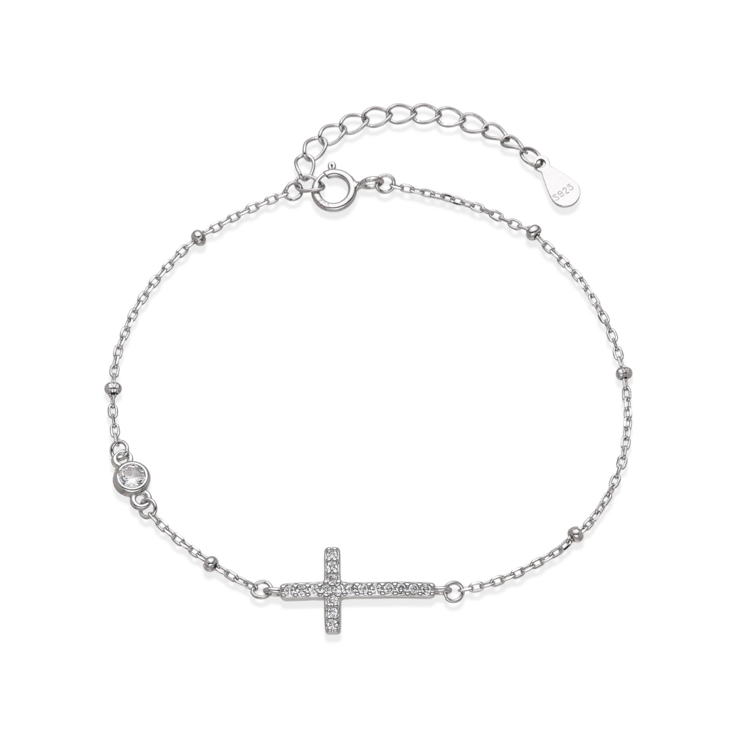 925 Silver Cubic Zirconia Cross Beaded Chain Bracelet