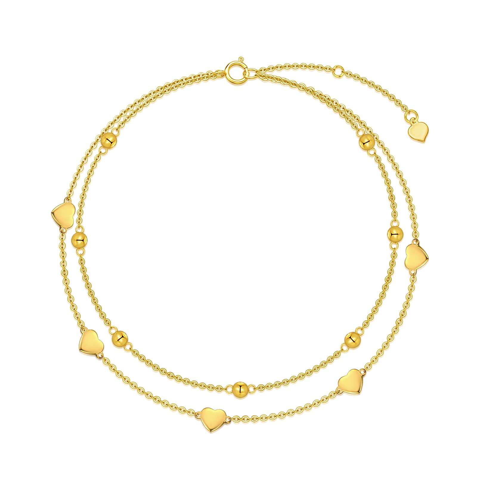 925 Silver 14K Gold Plated Heart Charm Bead Double Chain Bracelet