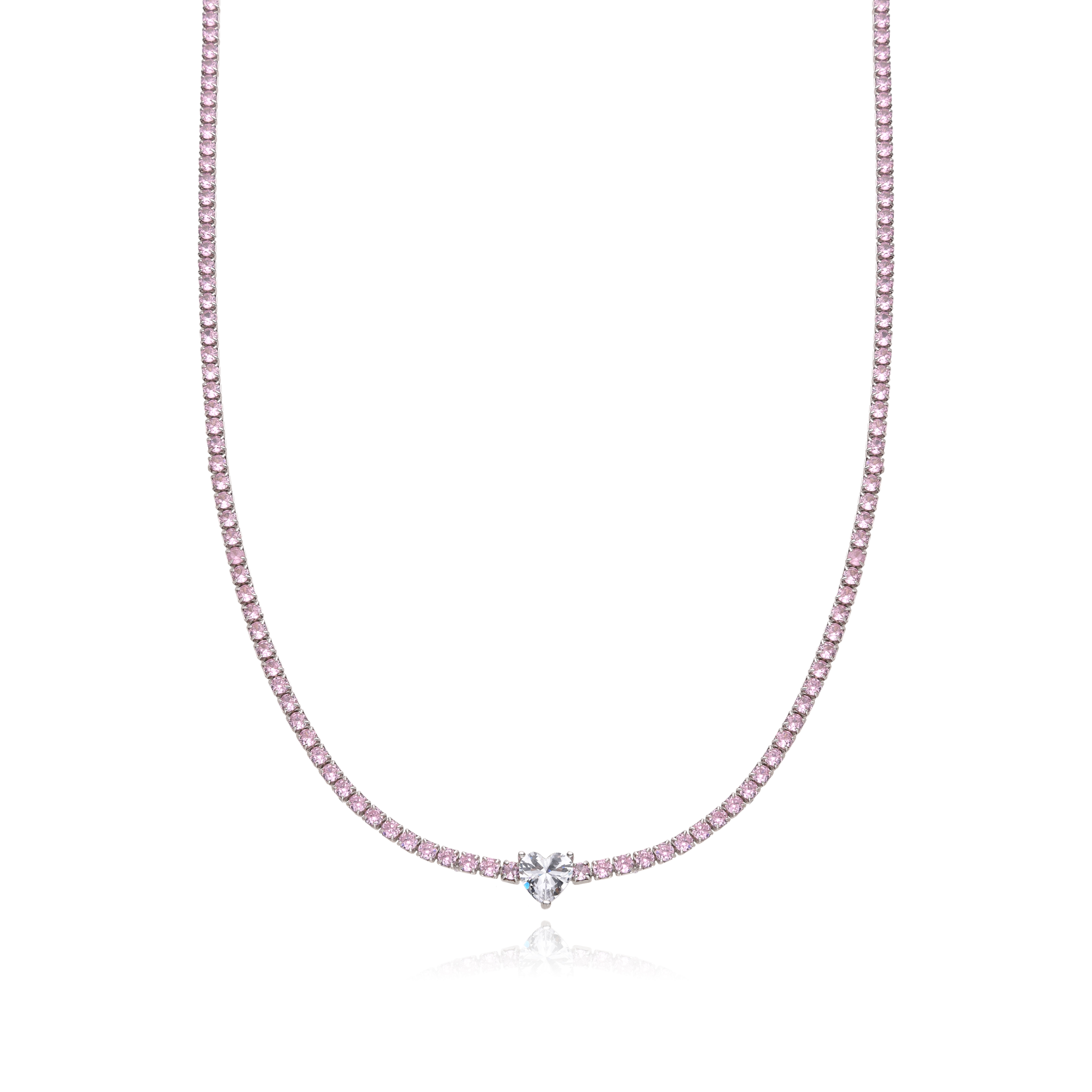 925 Silver Fashionable Heart Shaped Cubic Zirconia Pink Tennis Necklace