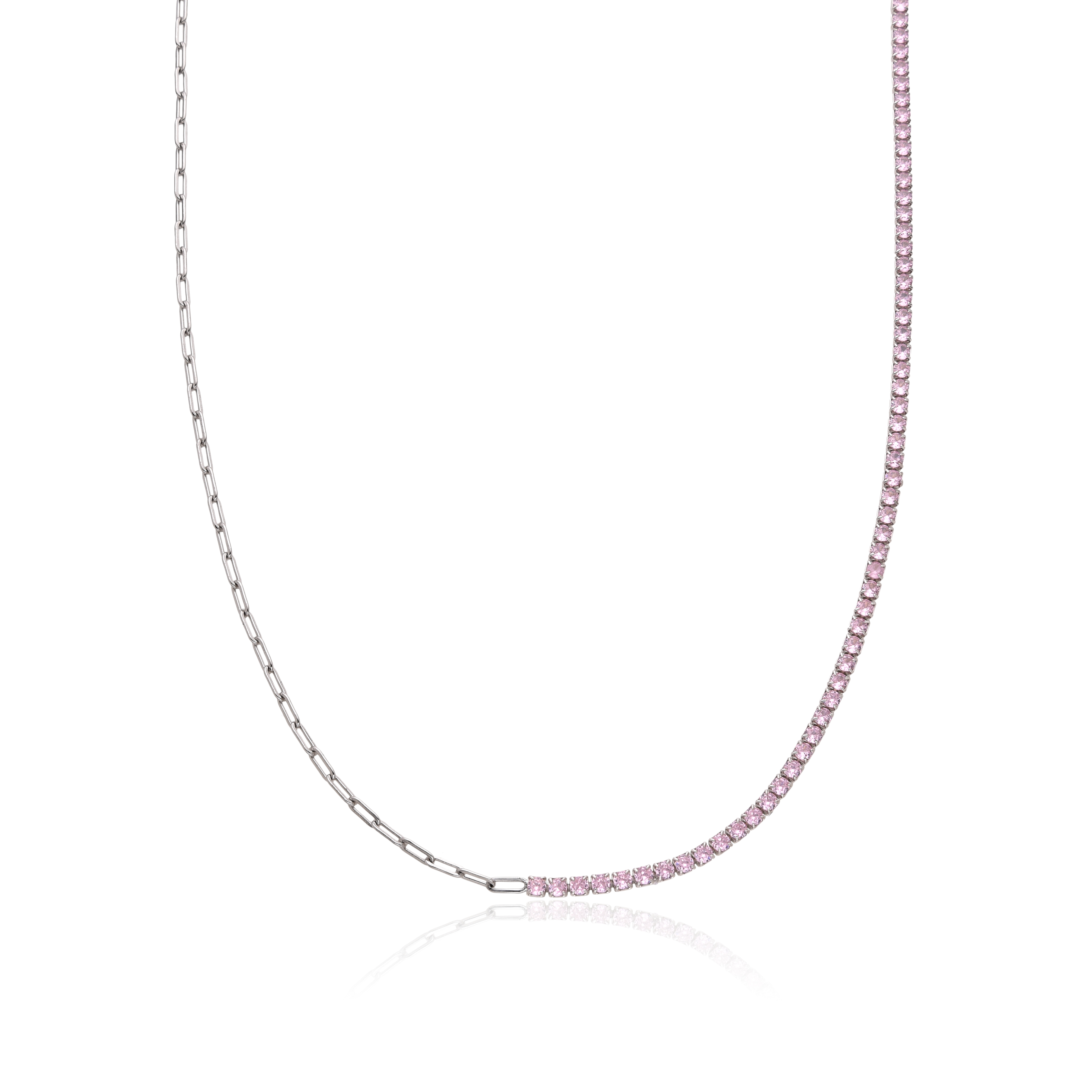 925 Silver Pink Cubic Zirconia Tennis Paperclip Chain Trendy Necklace