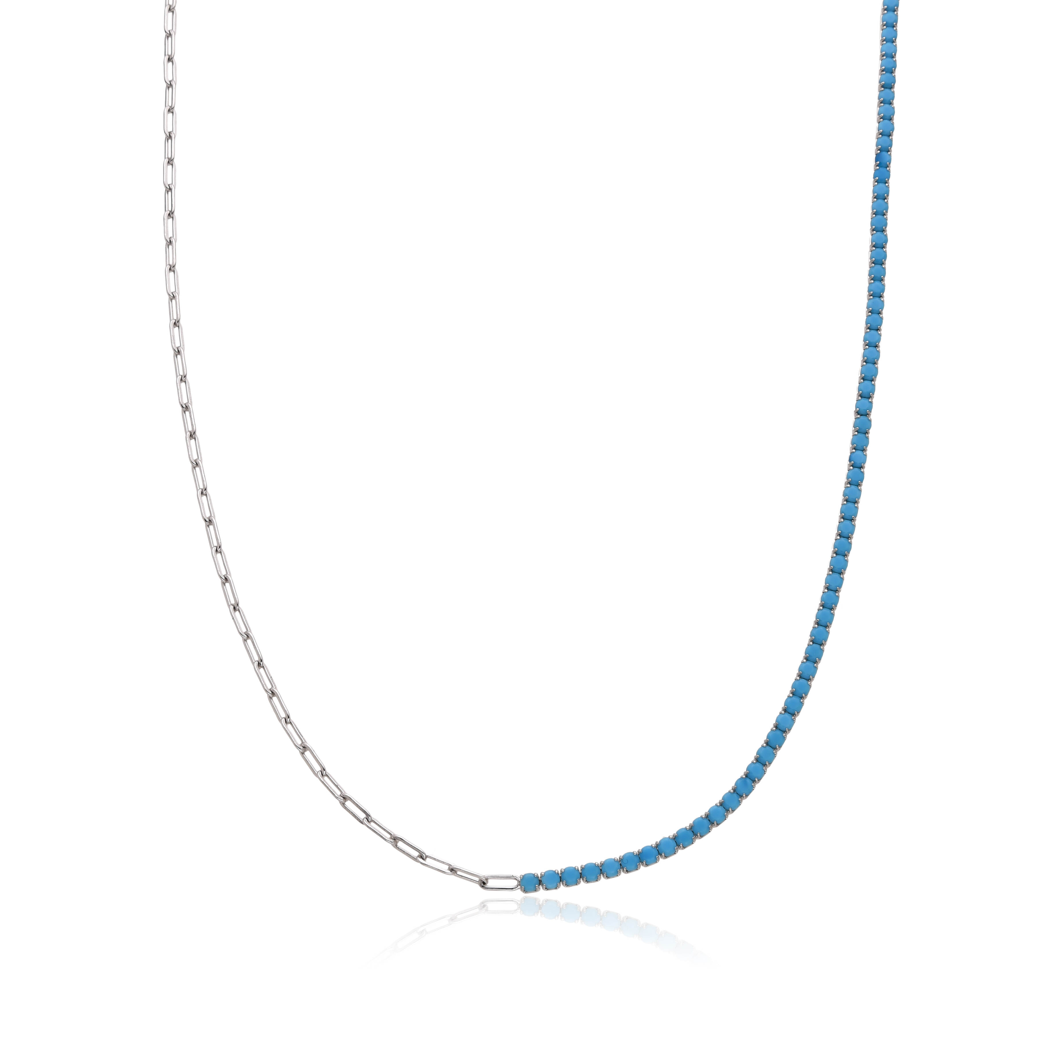 925 Silver Turquoise Cubic Zirconia Tennis Paperclip Chain Trendy Necklace