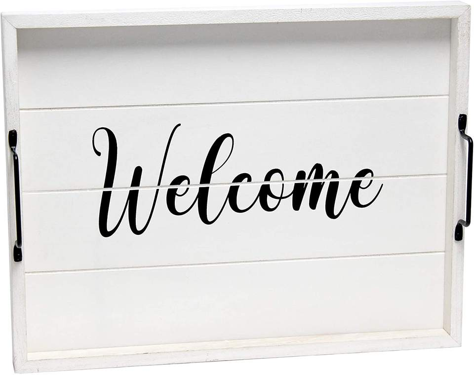 Decorative Wood Serving Tray with Handles White Words ‘Welcome’